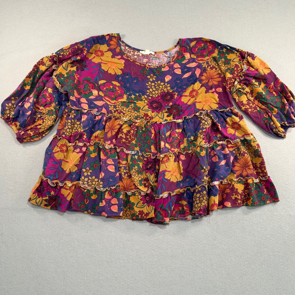 Easel Babydoll Top Women Size M Purple Floral Tiered Ruffle Short Sleeve Blouse